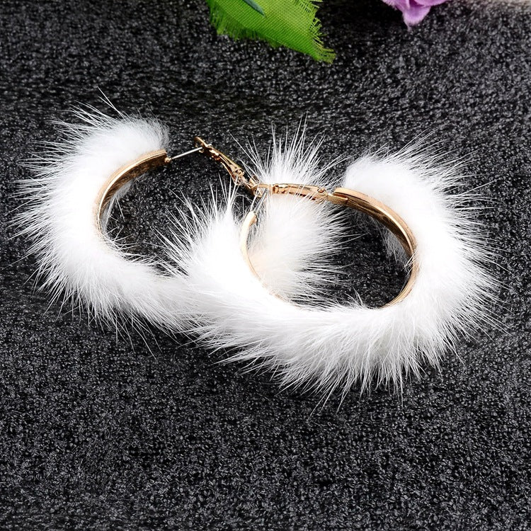 Mink Fur Large Circle Round Ear Hoop Earrings