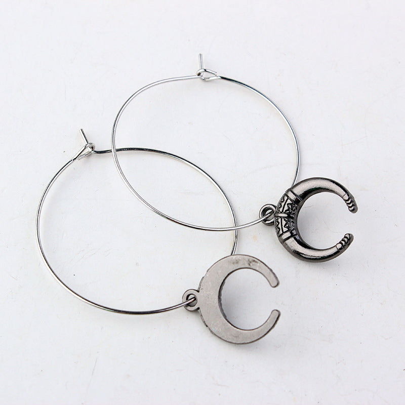 European And American Gothic Moon Hoop Punk Exaggerated Black Horns Pagan Earrings