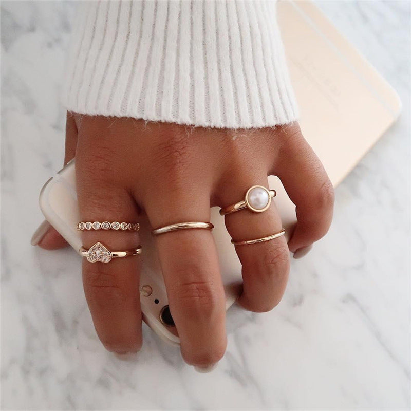 Pearl Heart Combination Knuckle Ring Set Of Five Boho