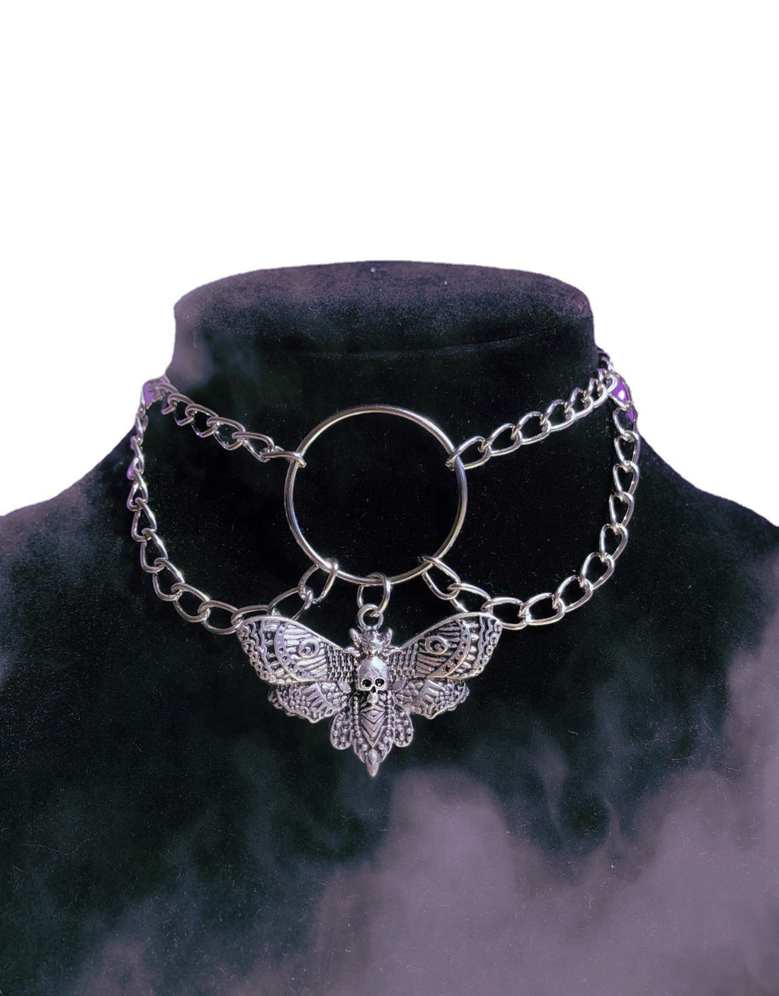 Gothic Silver Skull And Moth Pendant Necklace