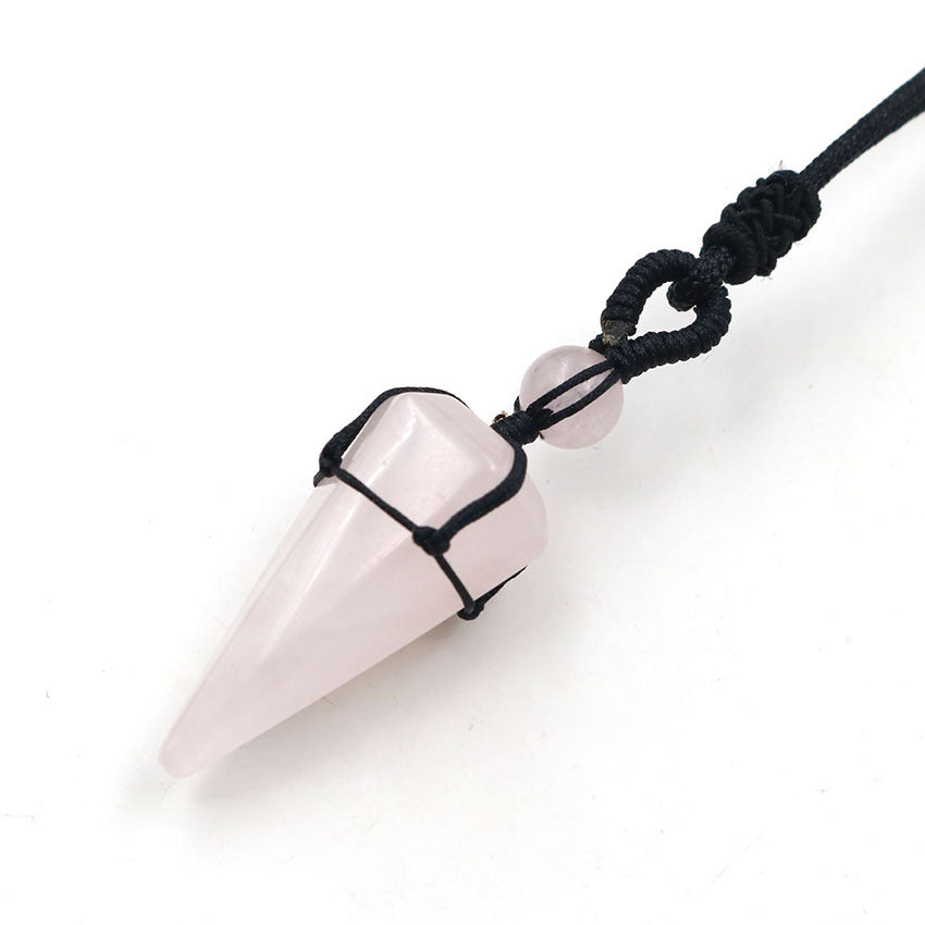 Natural Crystal Hexagonal Cone Braided Pendant Necklace