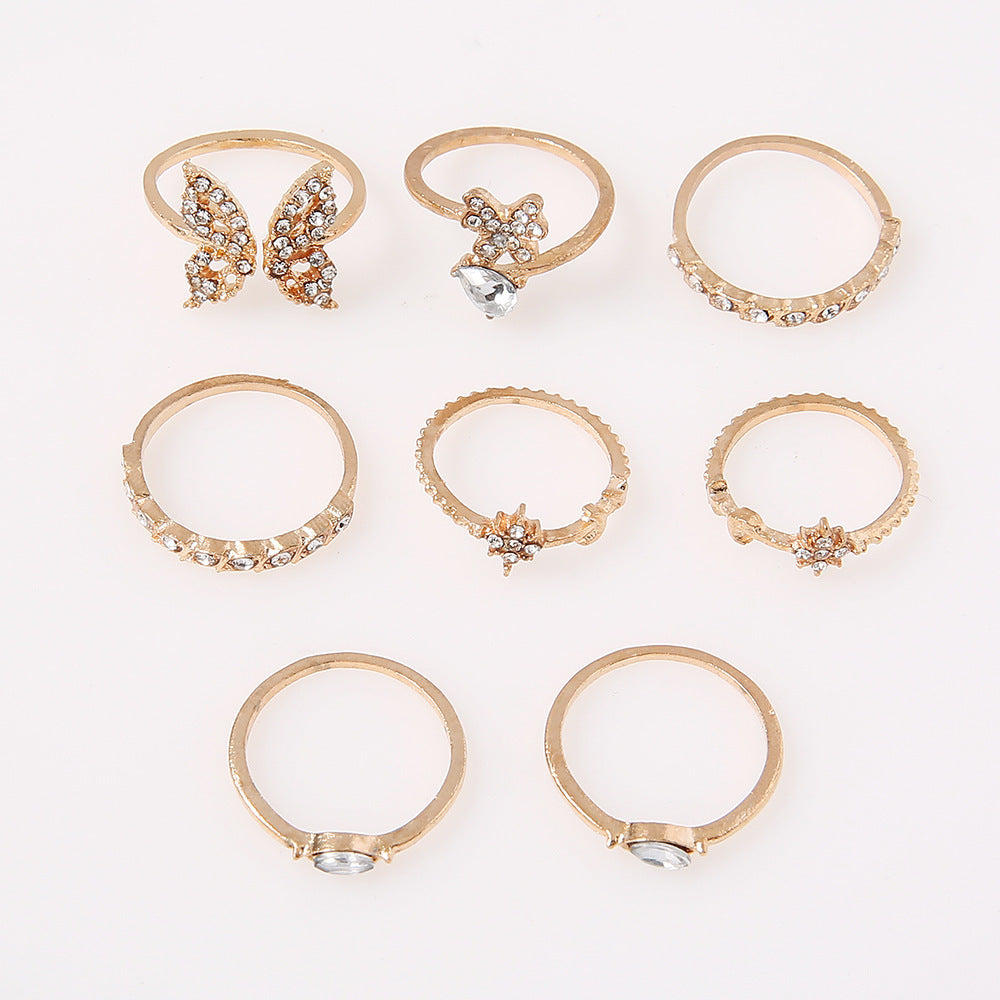 8 Piece Set Diamond Butterfly Flower Set Ring Women's Vintage Wedding Festival Crystal Ring