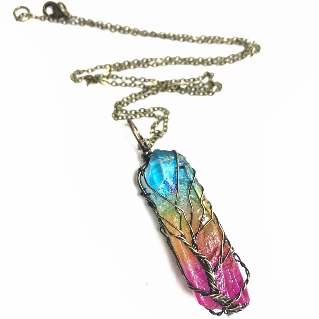 Crystal Plating Rainbow Color Crystal Pillar Tree Of Life Pendant Necklace