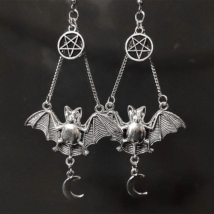 Gothic Halloween Bat Pentagram Moon Charm Earrings