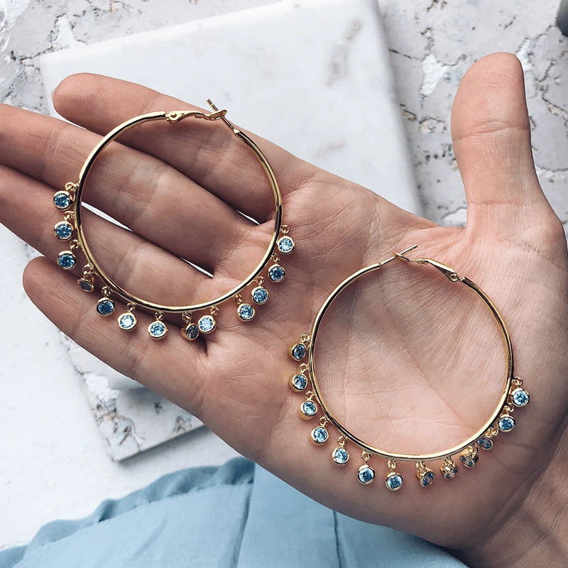 Boho Big Hoop Earrings Sea Blue Zircon Jewelry