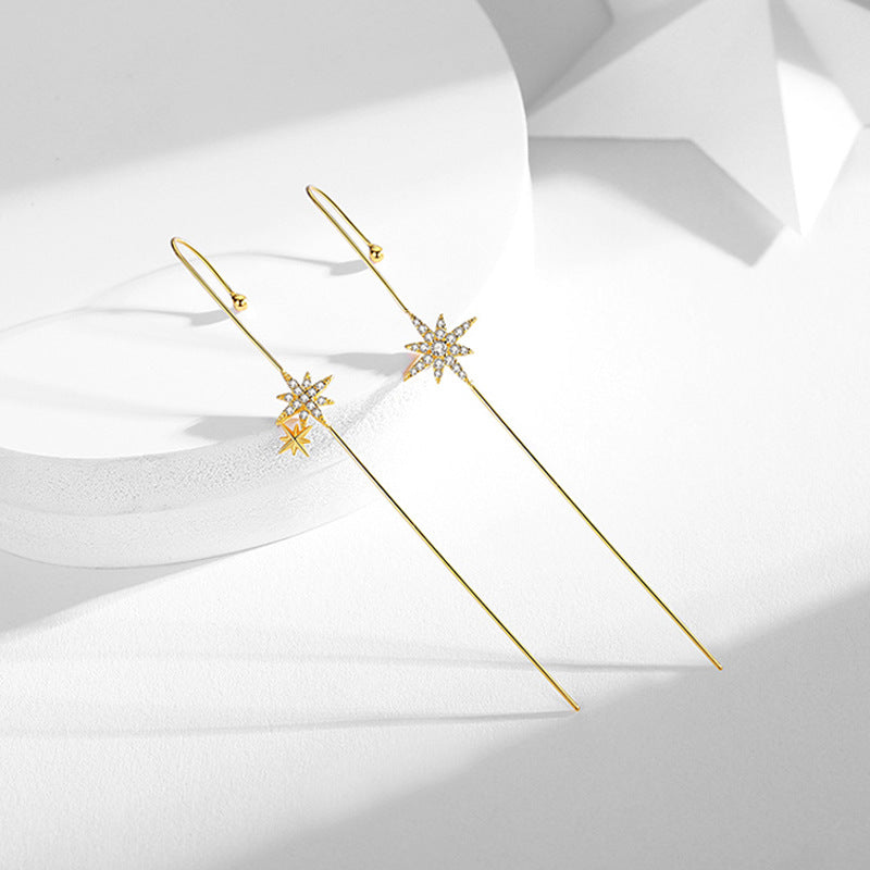 Flashing Diamond Star Pierced Ear Pin Earrings Silver Earrings