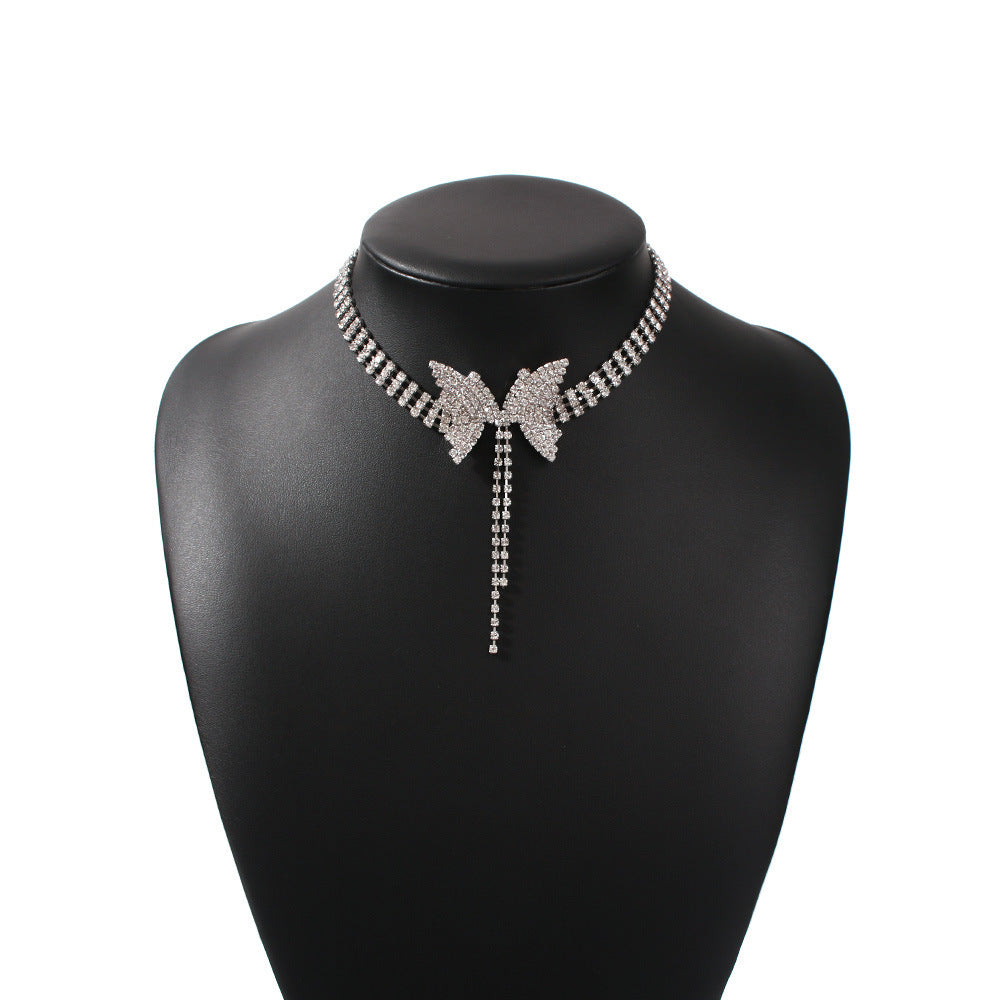 Temperament Full Diamond Bow Short Necklace