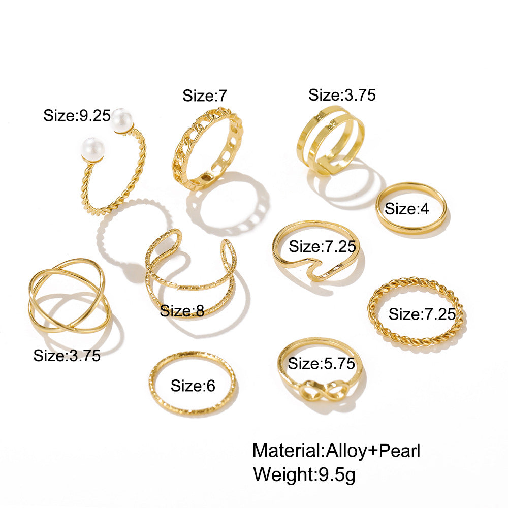 Alloy 10-piece Ring Set Creative Simple Pearl Joint Ring Gold