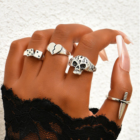 Ladies Sword Skull Dice Heart Ring Set