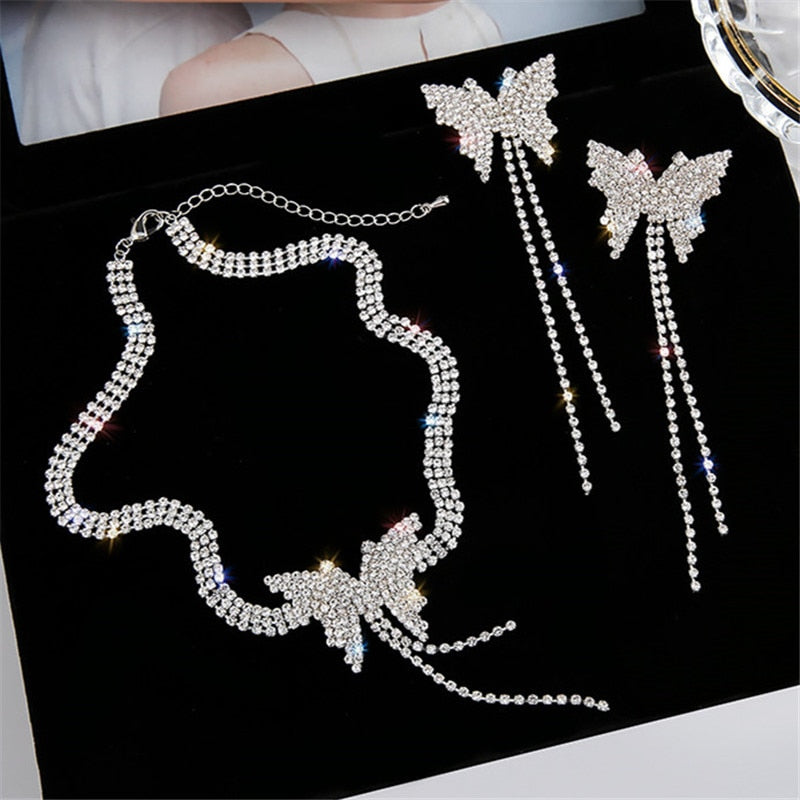 Butterfly diamond necklace simple clavicle chain earrings set