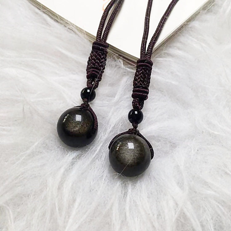 Crystal Natural Obsidian Single Bead Pendant Necklace