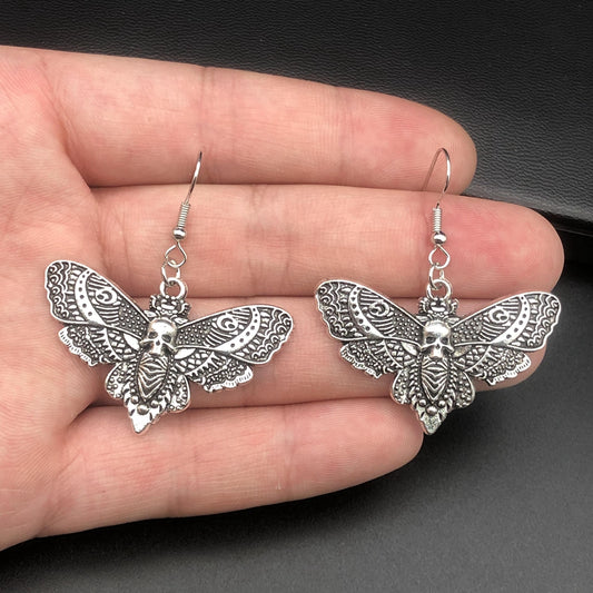 Gothic Silver Skull Butterfly Earrings