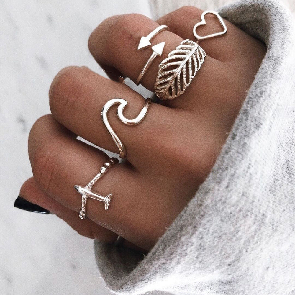 Ring Set Creative Retro Love Leaf Irregular Ring