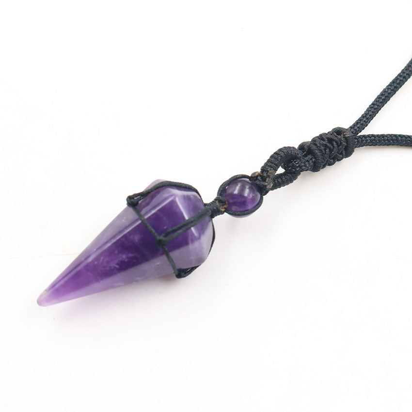 Natural Crystal Hexagonal Cone Braided Pendant Necklace