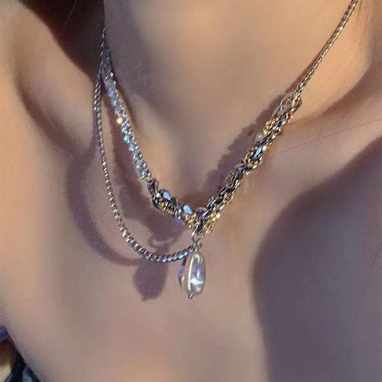 Hot Girl Double Crystal Chain Necklace Female Winding Stitching Necklace