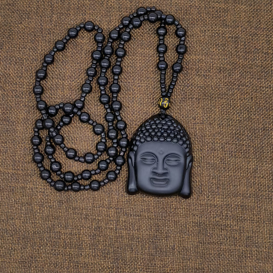 Obsidian Buddha Head Crystal Necklace