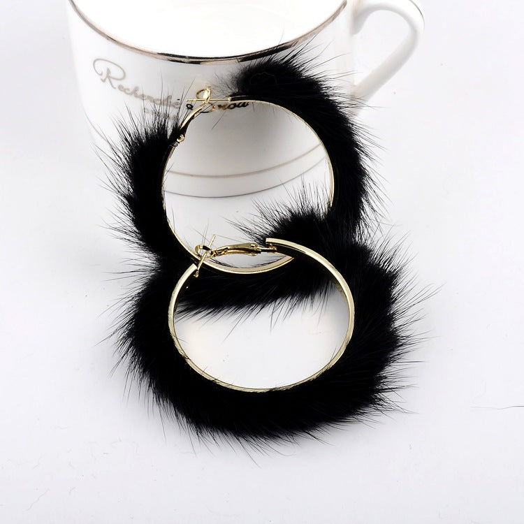 Mink Fur Large Circle Round Ear Hoop Earrings