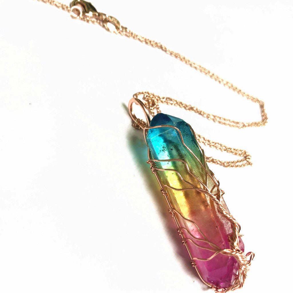 Crystal Plating Rainbow Color Crystal Pillar Tree Of Life Pendant Necklace