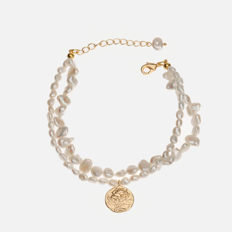 Embossed Coin Natural Freshwater Pearl Bracelet