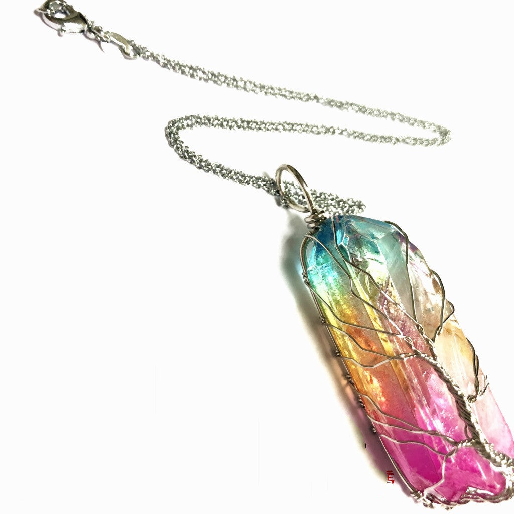 Crystal Plating Rainbow Color Crystal Pillar Tree Of Life Pendant Necklace