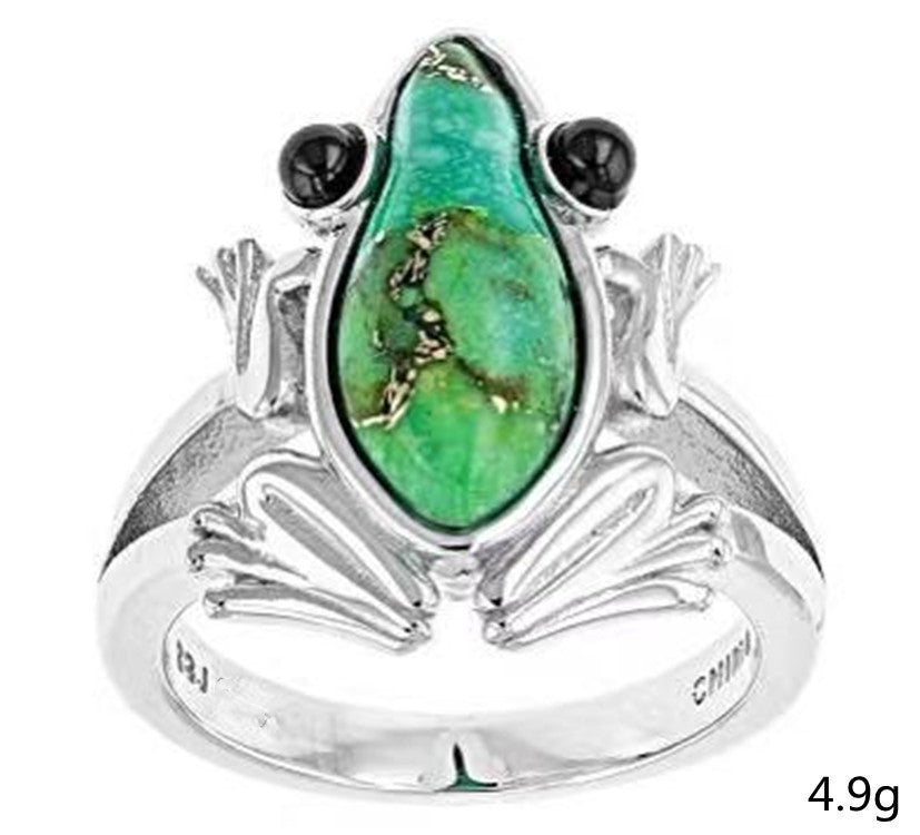 Silver Creative Personality Cute Turquoise Frog Animal Ring