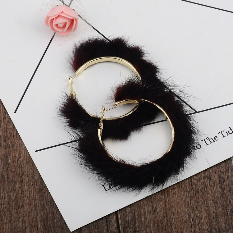 Mink Fur Large Circle Round Ear Hoop Earrings