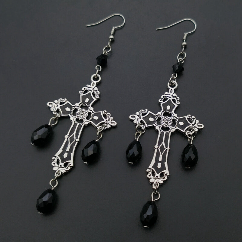 Gothic Black Cross Garnet And Crystal Chandelier Earrings La