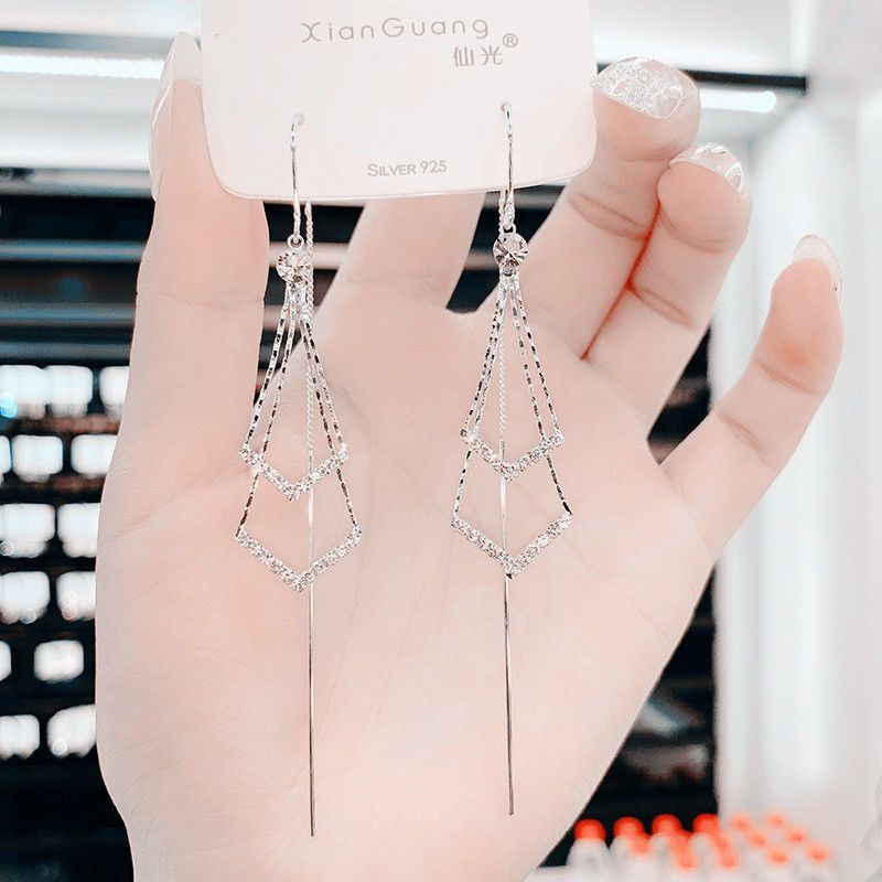 Long Diamond Tassel Silver Needle Earrings