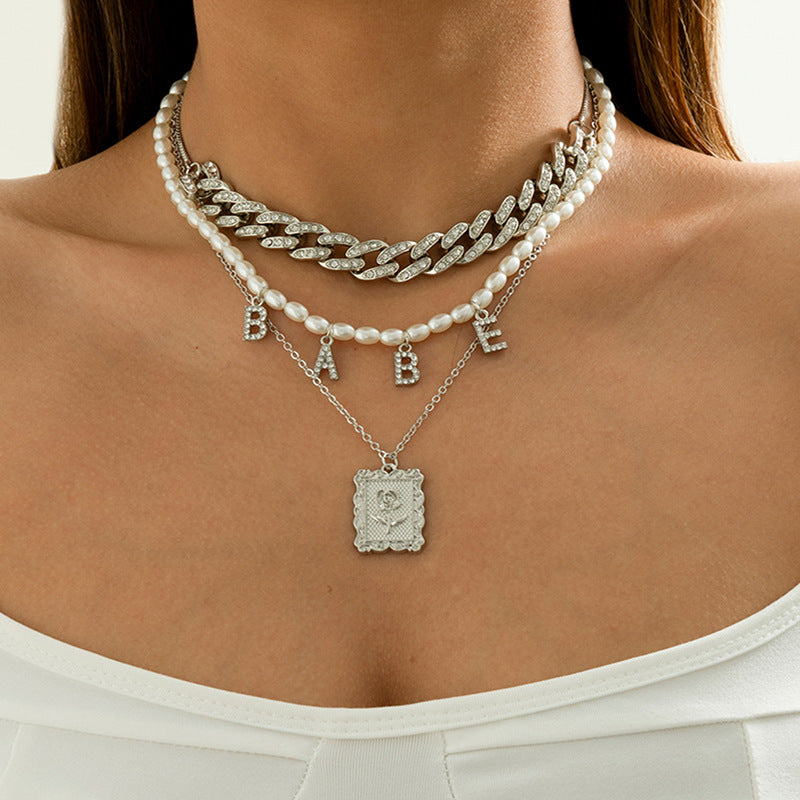 Geometric Letters Cuban Diamond Ins Necklace Set