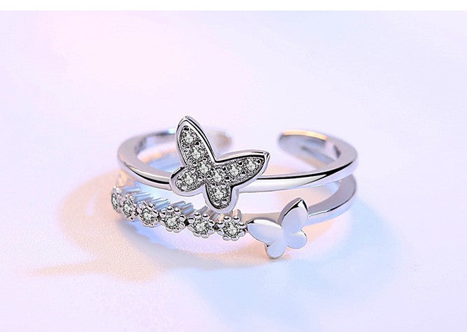 Butterfly Love Silver Ring Micro-inlaid Butterfly Zircon Ring   Bracelet Tail Ring