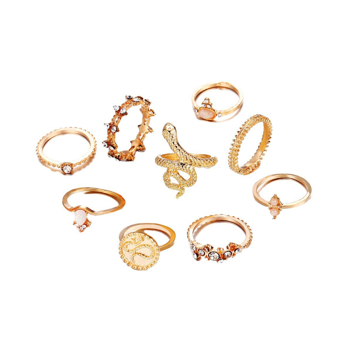 Antique Pattern Diamond Ring Set Snake Shaped Ring Nine Piece Set