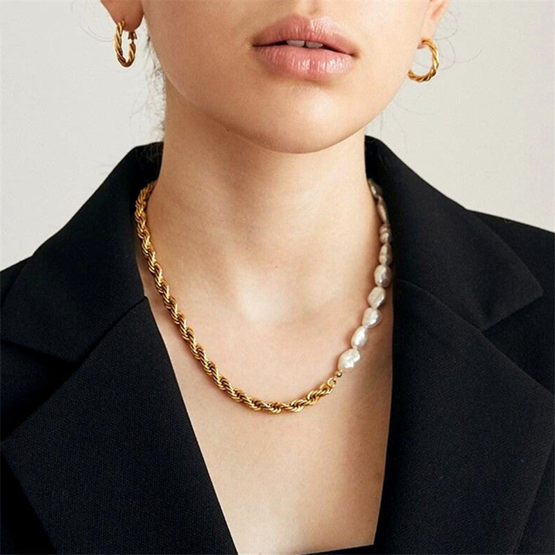 Asymmetric Baroque Pearl Necklace Metal Necklace AliExpress Independent Station Retro Pearl Rope Chain