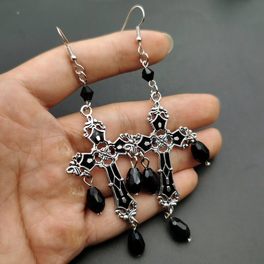 Gothic Black Cross Garnet And Crystal Chandelier Earrings La