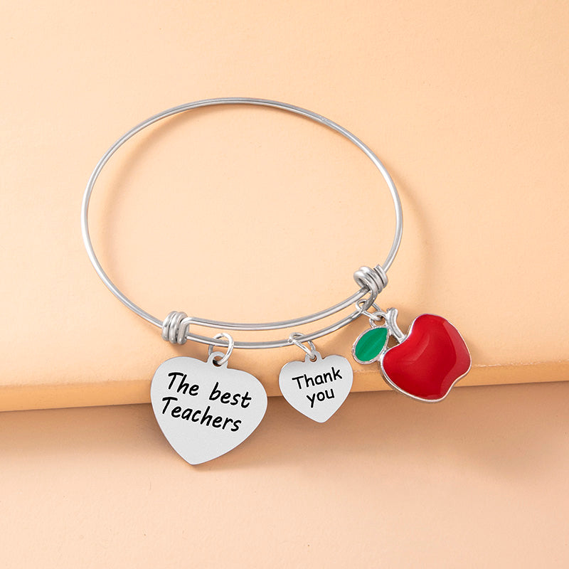 Thank You The Best Teacher Heart Bracelet Enamel Apple Charms Stainless Steel Bangle