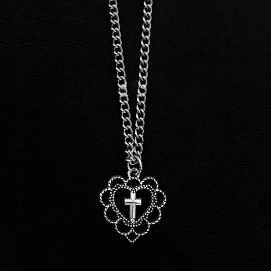 Gothic Punk Style Hollow Heart Cross Pendant Necklace