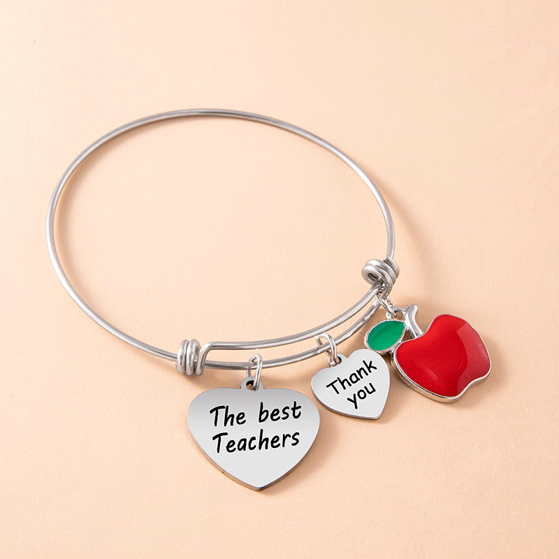 Thank You The Best Teacher Heart Bracelet Enamel Apple Charms Stainless Steel Bangle