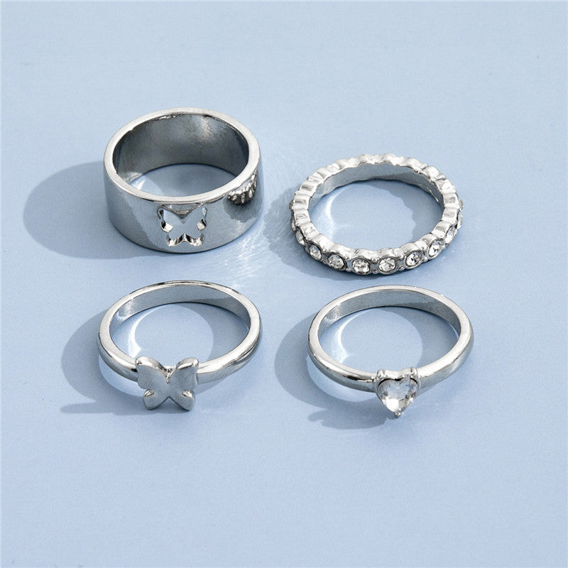 Hollow Butterfly Rhinestone Love Joint Ring Female Ring Four-piece Set