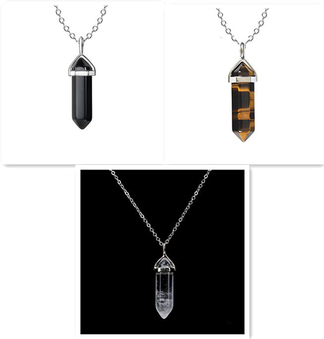 Natural Stone Hexagon Pillar Crystal Pendant Necklace