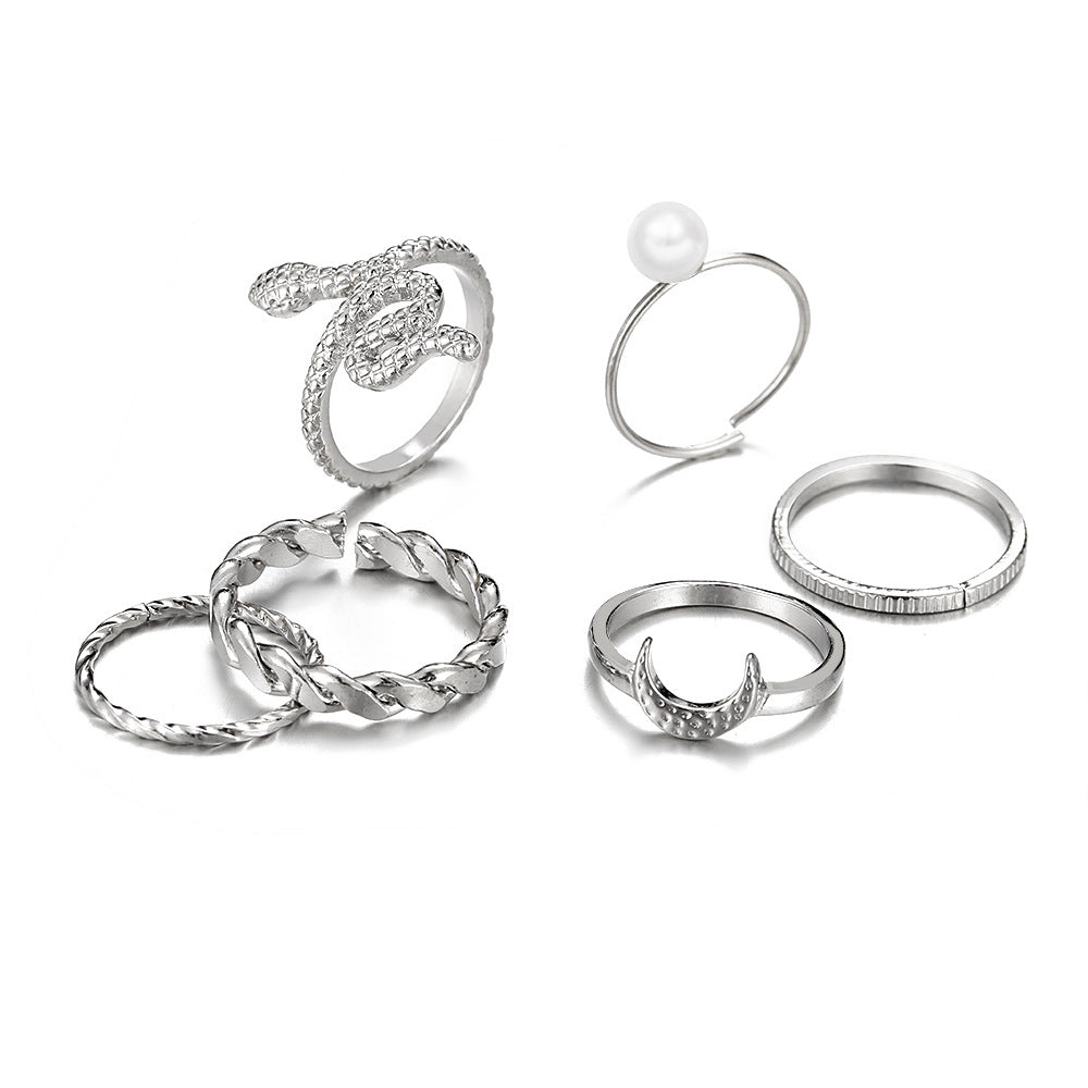 Women's Snake Ring Moon Pearl Ring Set