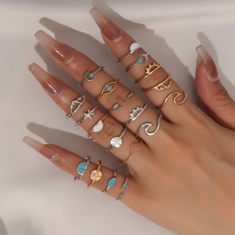 Vintage Sun Eye Arrow Moon Ring Set