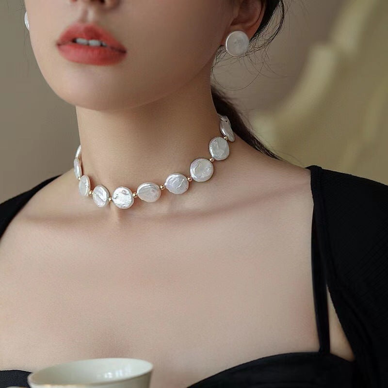 Fashion Copper Button Pearl Necklace Bracelet