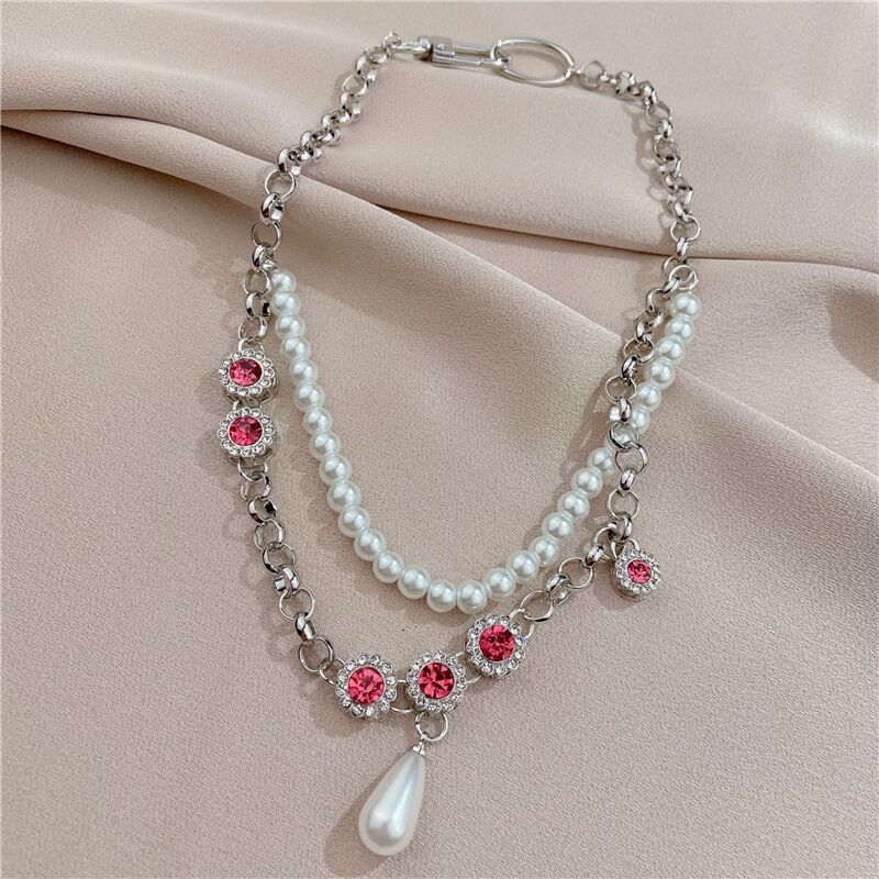 Retro Rhinestone Pearl Double Necklace Women