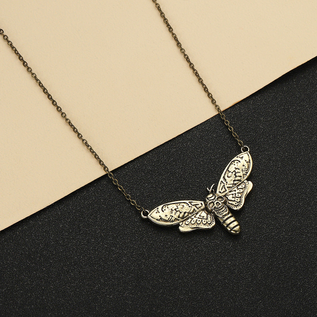 Alloy Gothic Moon Moth Skull Pendant Necklace