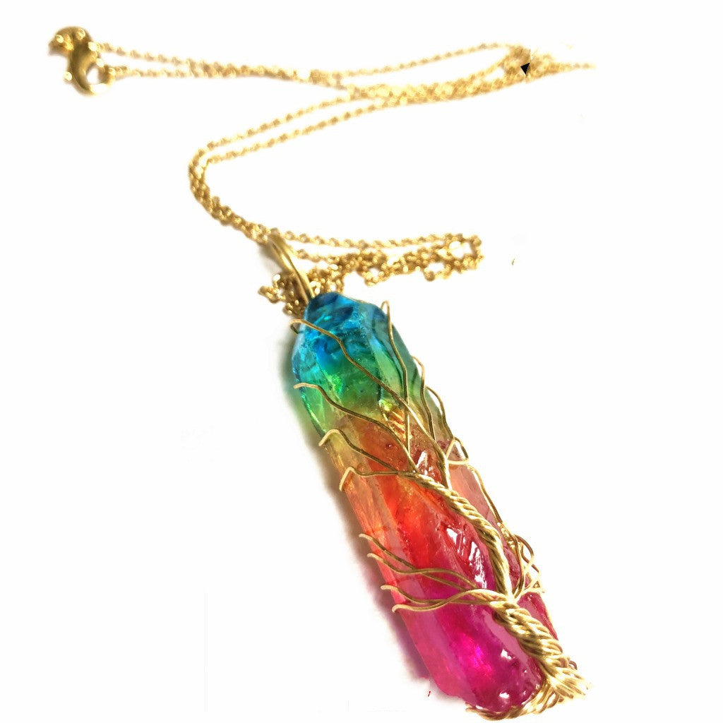 Crystal Plating Rainbow Color Crystal Pillar Tree Of Life Pendant Necklace