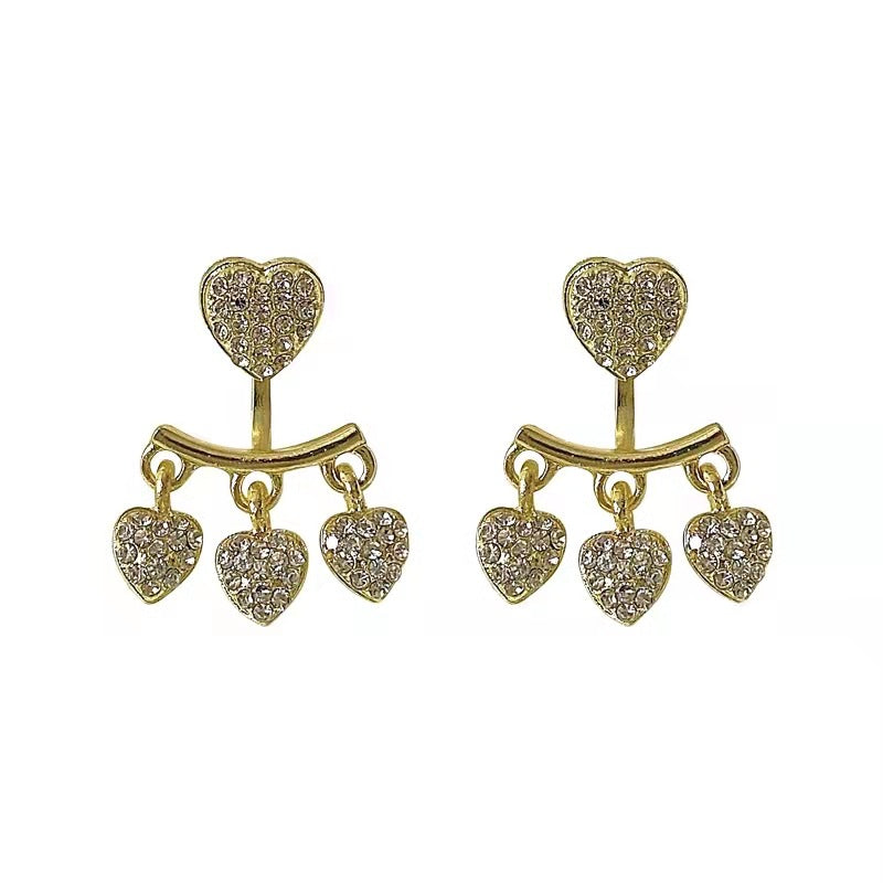 Sparkling Heart Earrings Tassel Front And Back Buckle Design Silver Stud