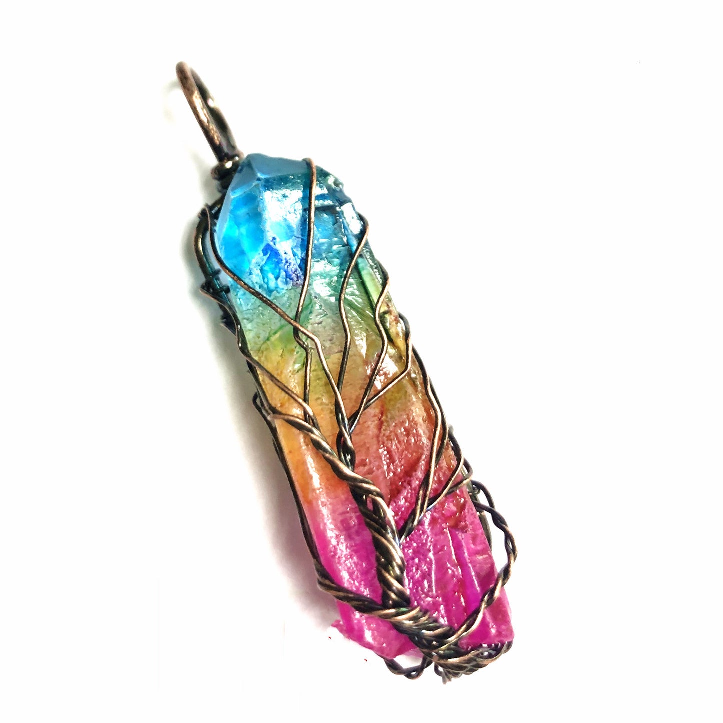 Crystal Plating Rainbow Color Crystal Pillar Tree Of Life Pendant Necklace