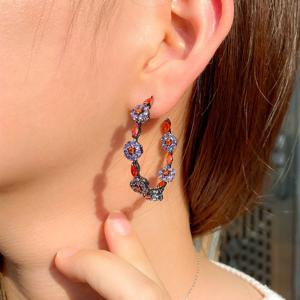 Silver Needle Gun Black Zircon Color Flower Hoop Earrings