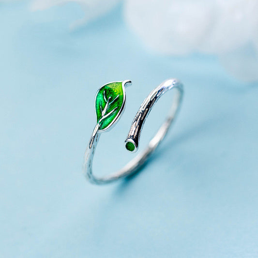 Ring Women's Simple Branch Green Leaf Ring Artistic Leaf Single Ring Female