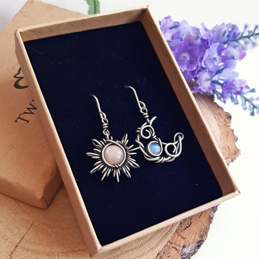 Retro Sun Moon Earrings Moonstone Asymmetric Sun Moon Earrings