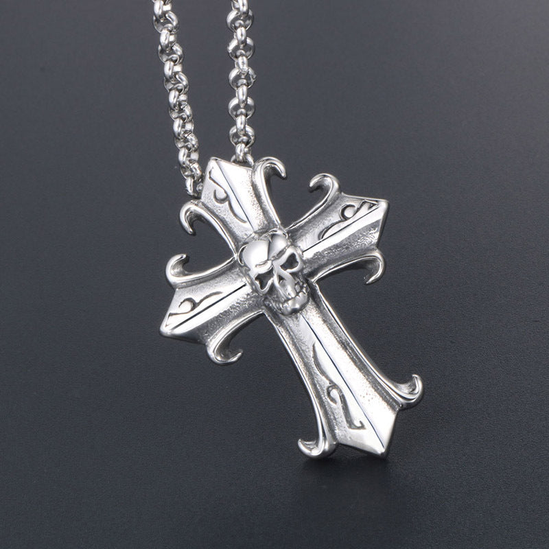 Gothic Vintage Cross Ghost Head Men's Titanium Steel Pendant Necklace Fashion Fashionmonger Punk Jewelry